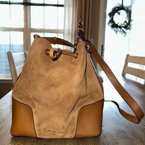 Michael Kors Tan Suede and Leather Bucket Bag with matching pouch and dust bag!